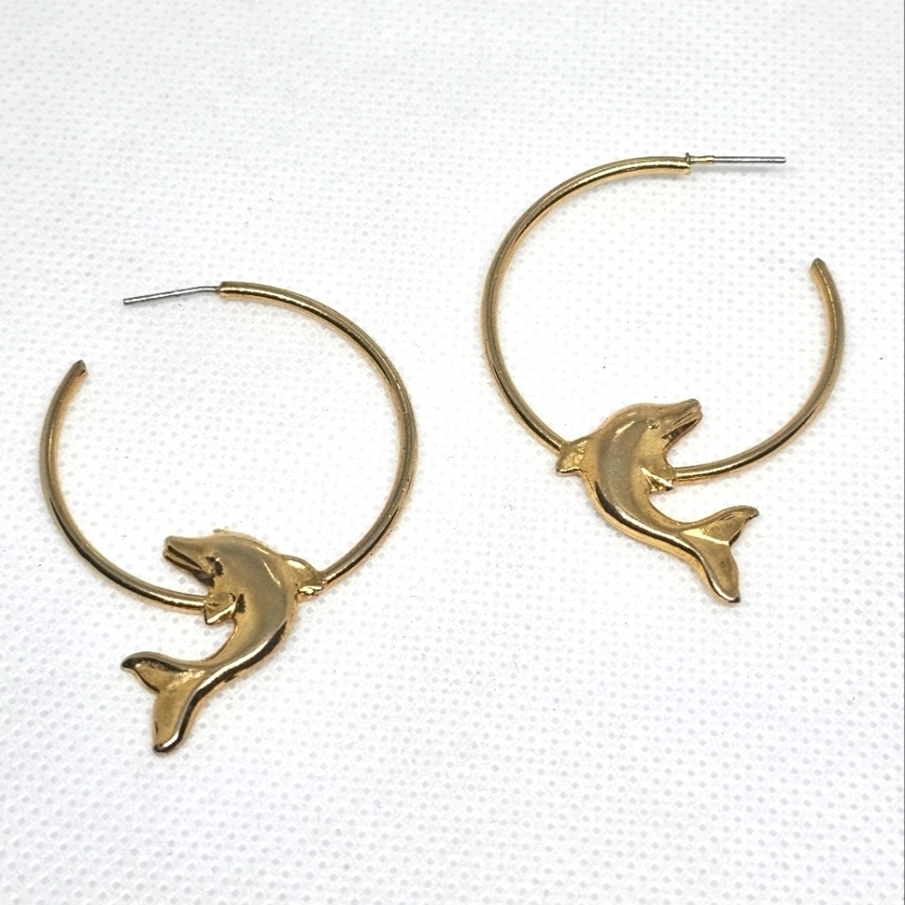 Yellow Gold Tone Dolphin Hoop Earrings
